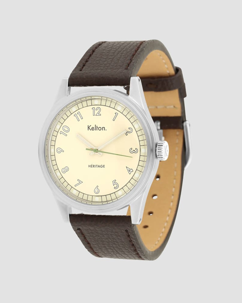 Kelton Héritage Champagne Epsom Brown – zegarek retro kolorowy szampański z paskiem Epsom brązowy Kelton Héritage Champagne Epsom Brown – zegarek retro kolorowy szampański z paskiem Epsom brązowy