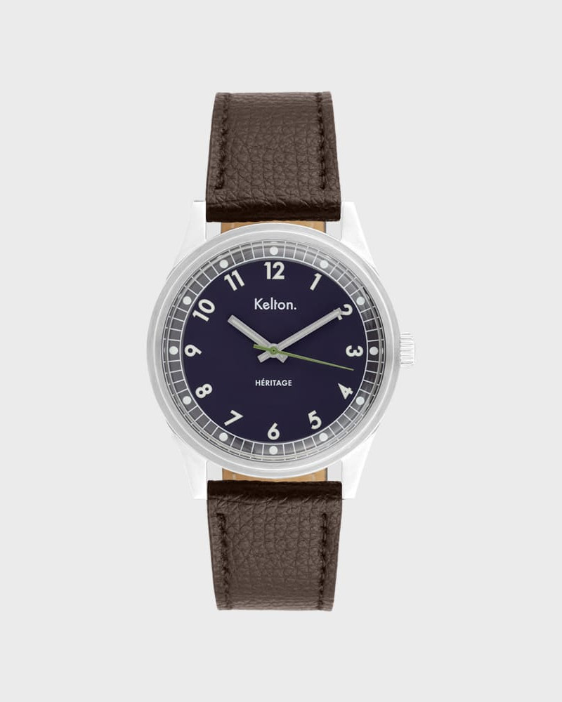 Kelton Héritage Navy Epsom Brown – zegarek retro kolorowy granatowy (brązowy pasek)