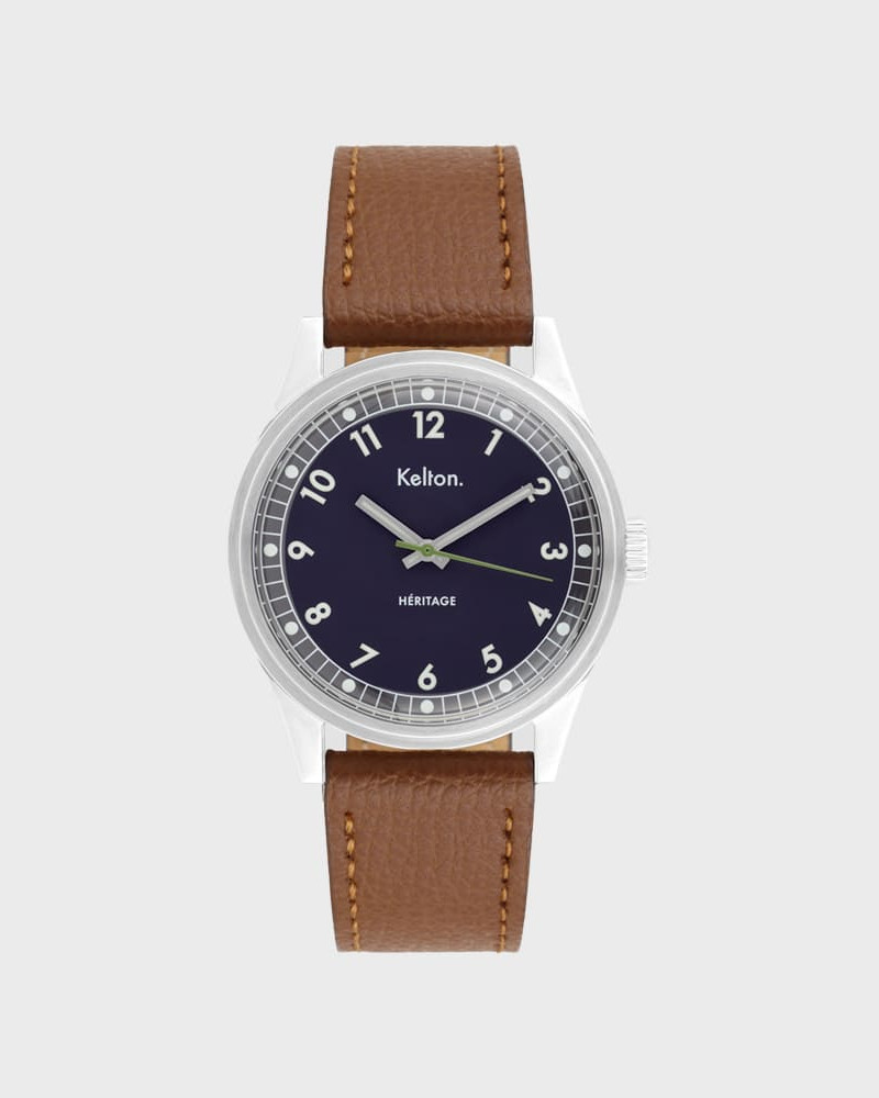 Kelton Héritage Navy Epsom Camel – zegarek retro kolorowy granatowy (karamelowy pasek)