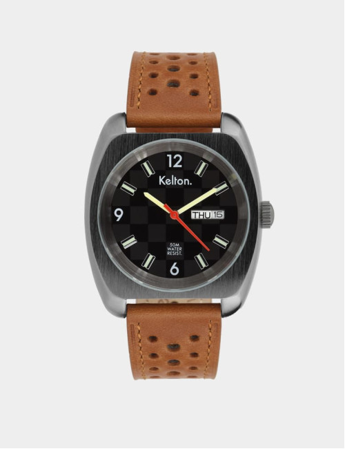 Zegarek sportowy męski Kelton RC 22 Damier Brown czarno-grafitowa tarczą + brązowy pasek