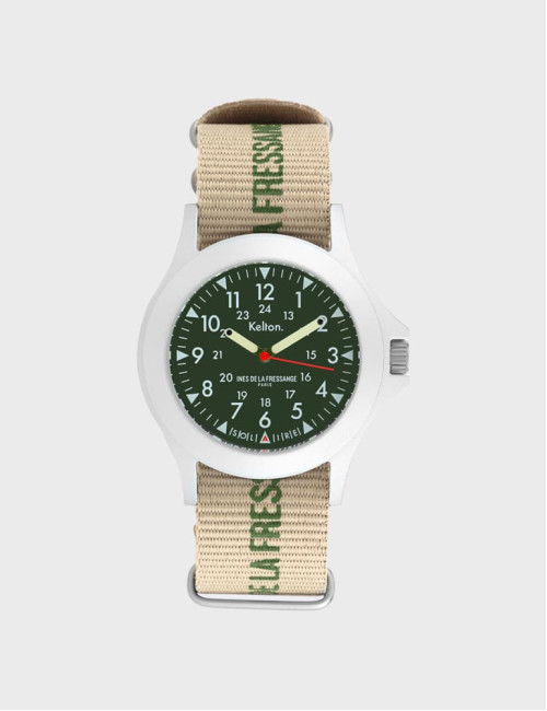 Zegarek sportowy solarny Kelton Solaire Field Sand x Ines de la Fressange Paris zieloną tarczą + beżowy pasek