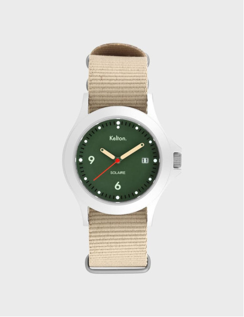 Zegarek sportowy solarny Kelton Solaire Soleil Vert Nato Sand zieloną tarczą + beżowy pasek