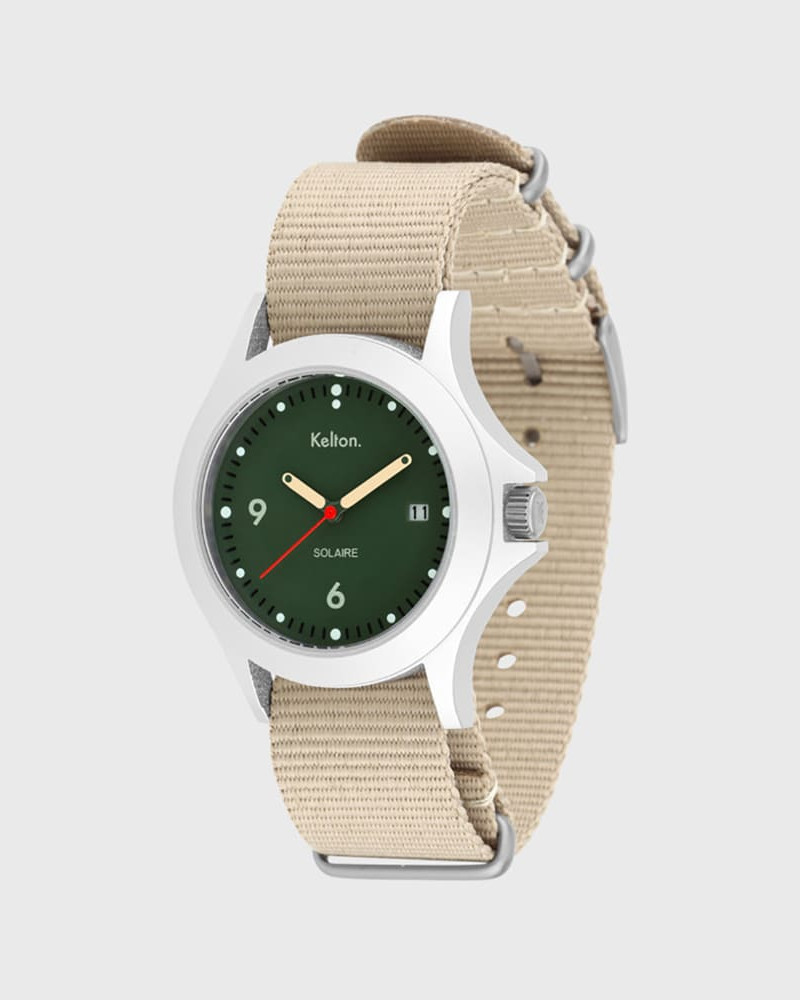 Kelton Solaire Soleil Vert Nato Sand – sportowy zegarek solarny kolorowy zieloną tarczą + beżowy pasek Kelton Solaire Soleil Vert Nato Sand – sportowy zegarek solarny kolorowy zieloną tarczą + beżowy pasek